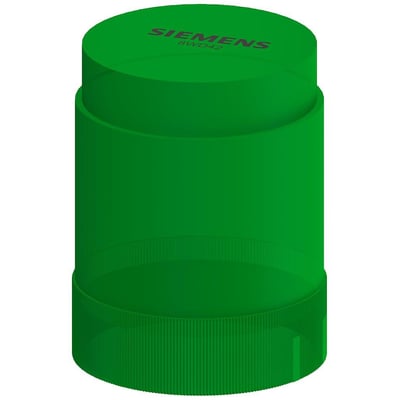 Siemens grøn signallampe med integreret LED og 50 mm diameter, vist isoleret på hvid baggrund.