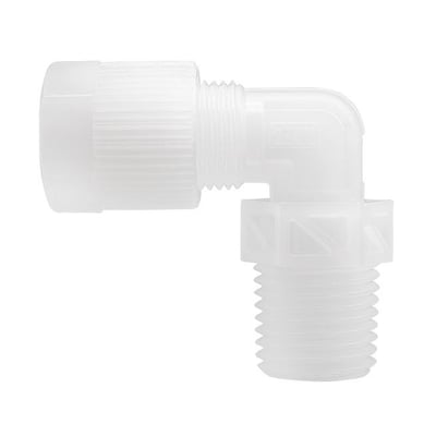 PVDF vinkelkobling 90 grader med udvendigt gevind og 10/8 mm tilslutning, hvid plastik.