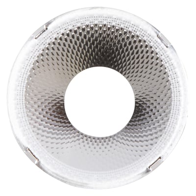 Sølvfarvet LEDVANCE Tracklight Spot-reflektor til 20 W, med rund, facetteret inderside og 50° spredning.