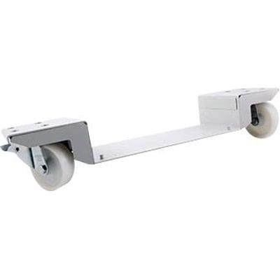 Cubic transporthjul med bremse i hvidt metal og lysegrå gummihjul på hvid baggrund.