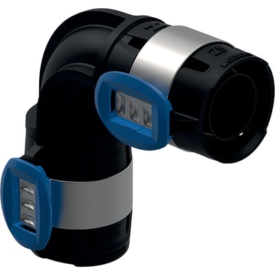 Detaljeret billede af Geberit FlowFit 90° bøjning, 16 mm, sort PPSU, med blå presseindikatorer og synlig Geberit logo.