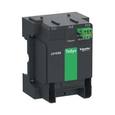 Schneider Electric kontrolmodul LX1G3Q til TeSys Giga, 100-250V AC/DC med grøn markering og klar terminalblok.