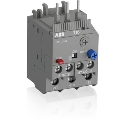ABB T16 termorelæ til motorbeskyttelse, med trykknapper til stop og reset samt drejekontakt for testfunktion.