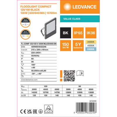 Grafisk produktoversigt over Ledvance Floodlight Compact-projektøren i sort med effekt, lysstyrke og tekniske data.