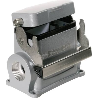 Weidmüller sokkelhus i størrelse 4, med låg åbent, viser plads til 2xM25 kabelforskruninger og bøjle.