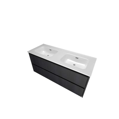 Sanibell Proline møbelsæt i sort eg, 121 cm bredt med dobbelt porcelænsvask og to integrerede grebsskuffer.