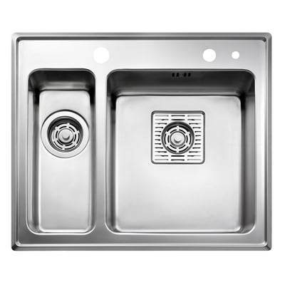 Intra Frame køkkenvask i rustfrit stål med stor og lille kumme, hanehul og løft-op strainer.