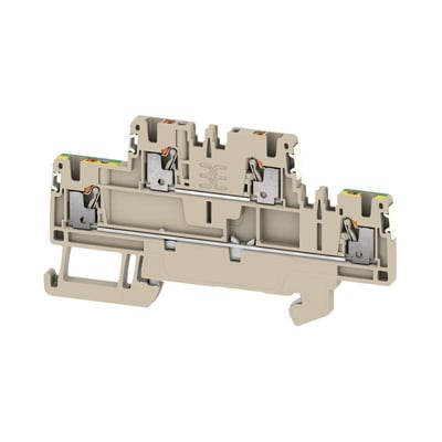 Beige Weidmüller-gennemgangsklemme A2T 1.5 FT-PE DL med to etager og synlige push-in-kontakter.