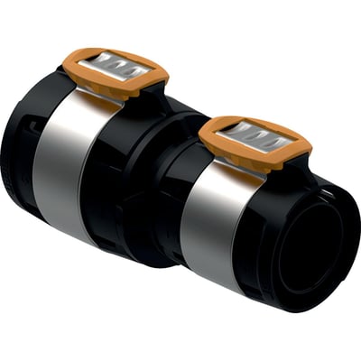 Fotorealistisk billede af Geberit FlowFit reduktion i sort PPSU med orange koblingsdetaljer og sølvringe.