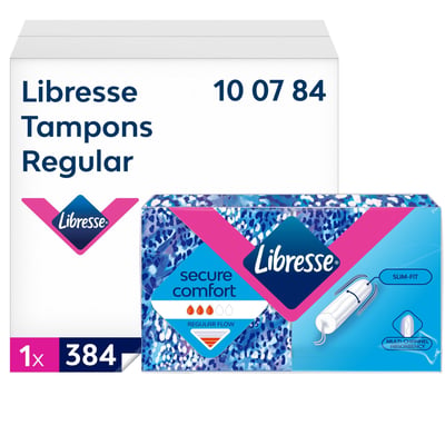 Libresse Regular tamponer i Tork 384 stk pakke, viser detaljer om slim-fit og multi-channel absorbency for optimal beskyttelse.