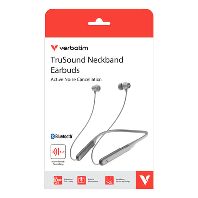 Emballagen viser Verbatim TruSound ANC-øretelefoner med nakkebøjle i grå med Bluetooth og støjreduktion.