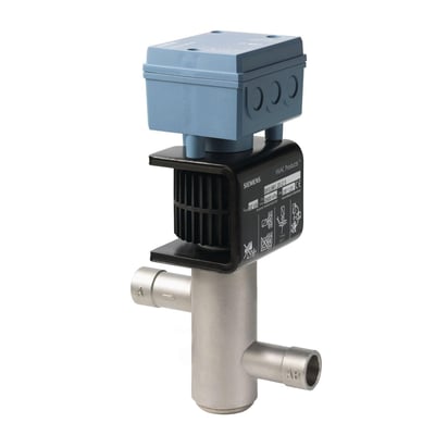 Siemens MVL661.32-10 2-vejs ventil til kølemidler, DN32, kvs 10, med blå elektronikkabinet og metalhus.