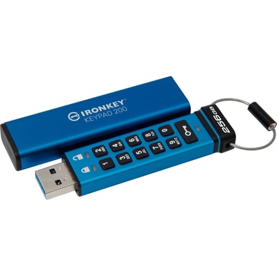 Kingston IronKey Keypad 200 USB-nøgle med numerisk tastatur, blå overflade og 256 GB lagerplads.