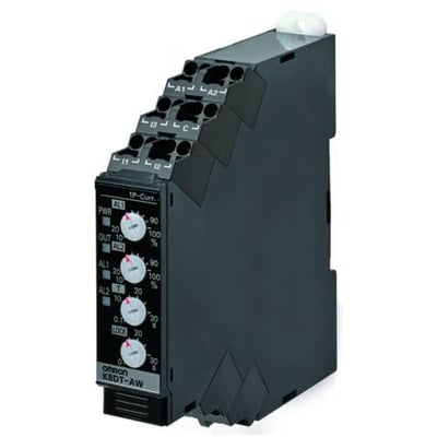 Omron overvågningsrelæ, 17,5 mm bredt, K8DT-AW model, med knapper til indstilling af strøm og tid på en mørk baggrund.