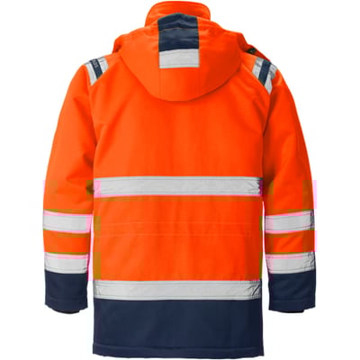 Bagsiden af en Kansas Hi Vis parka jakke i orange og mørkeblå, med reflekser og hætte.