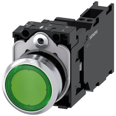 Siemens oplyst trykknap med 22mm diameter, ru metalhus og højglans grøn knap. Har 1 NO 1 NC kontakt og LED-modul.