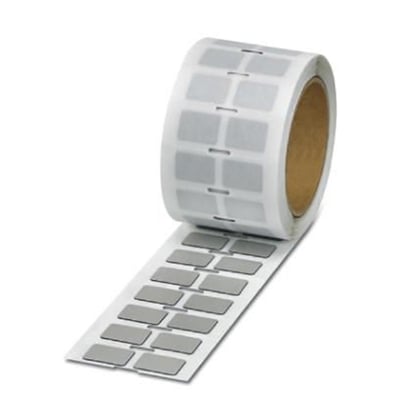 Rulle med Phoenix Contact EMLP (27x18)R SR skilte, viser 500 stk. sølvfarvede, ubeskrevne kunststofmærker på 27x18 mm.