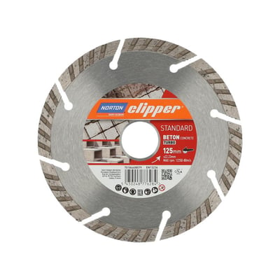 Norton Clipper diamantklinge til beton, 125x22.23 mm, med turbo-segmenter for aggressive snit i hårde materialer.