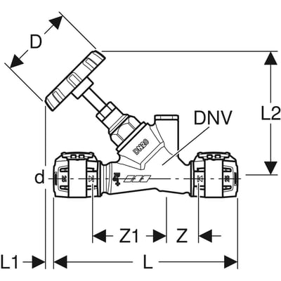 Teknisk tegning af Geberit FlowFit afspærringsventil i rødgods med 16 mm diameter, der viser alle mål og dimensioner.