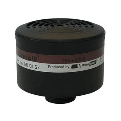 Kombifilter, CleanAIR A2P3 RD40, sort rundt filter med mærkat med teksten 'CleanAIR', 'Filter A2P3' og 'Malina Safety'.