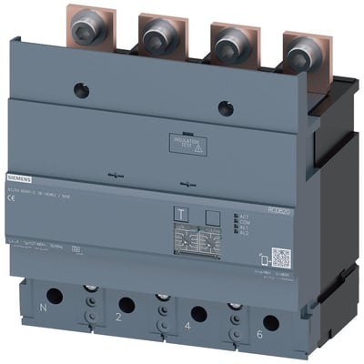 Siemens RCD modul 3VA9 RCD820, en 4-polet fejlstrømsenhed type A til 400A, vist fra fronten med tilslutningsklemmer og justeringsmuligheder.