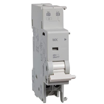 Schneider Electric udkobl spole M9 MX, vist fra siden med mærketiketter og terminalbeskrivelser tydeligt synlige.