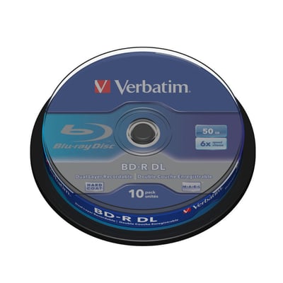 Verbatim BD-R DL Blu-ray-disk på 50 GB med op til 6x skrivehastighed ses på en blå spindel med etiketten opad.