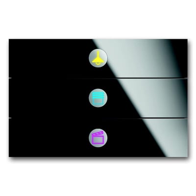 ABB KNX Prion betjeningselement med 3/6 tryk og sort glasflade, viser ikoner for lys, persienner og scene.