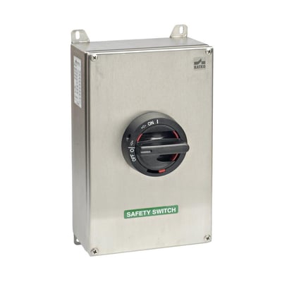 Katko 63A 3-polet reparationsafbryder i rustfri stål, vist fra en let skrå vinkel med 'ON' og 'OFF' markeringer på håndtaget.