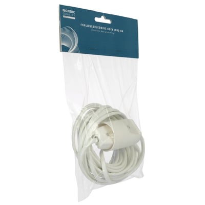Nordic Quality forlængerledning uden jord, 5 meter, hvid, i emballage med blåt mærkat.