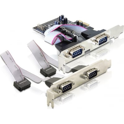 DeLOCK PCI-Express x1-seriekort med fire RS-232-porte og DB9-hanstik, vist med ekstra bracket og fladkabler.