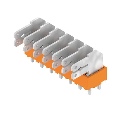 Weidmüller-printterminal med syv fladklingetilslutninger og loddeben, vist skråt fra oven med orange hus.
