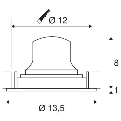 Teknisk tegning af SLV NUMINOS® MOVE DL M indbygningsspot med mål for indbygning og diameter.