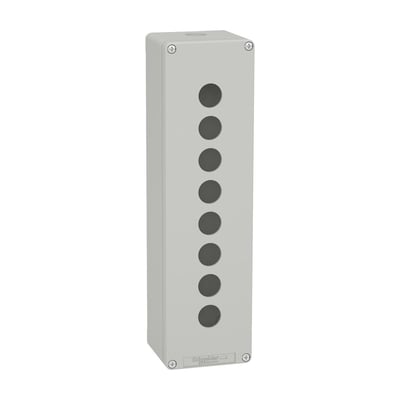 Schneider Electric Harmony XAP trykknapkasse i grå metal med otte Ø22mm huller på en hvid baggrund, perfekt til automationsløsninger.