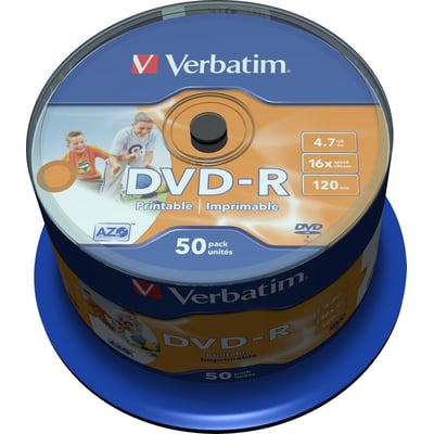 Verbatim DVD-R med printbar overflade ligger øverst i en blå spindelæske; etiketten viser 4,7 GB og 16x.