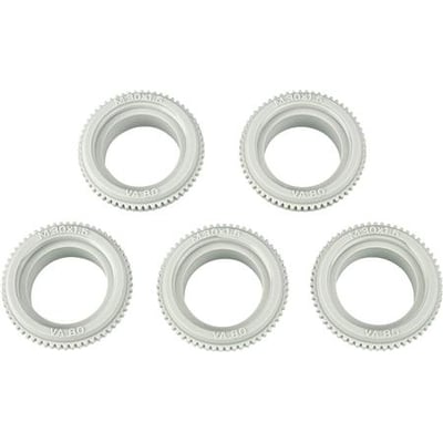Lauritz Knudsen-adapter til ventilmotor VA80 med rund åbning og riflet kant, vist som fem ens ringe.
