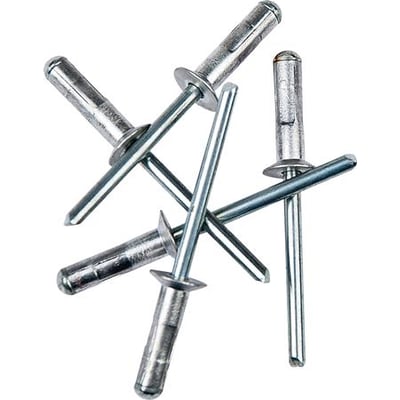 MFX nitte 4,0x10,0 med undersænket hoved, fremstillet i aluminium og stål, vist i et klyngearrangement på hvid baggrund.