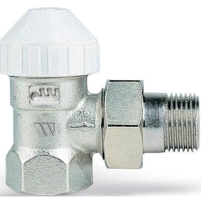 Solar Plus type 1 radiatorventil ½" vinkelløbende med hvidt topstykke og forniklet messinghus på neutral baggrund.