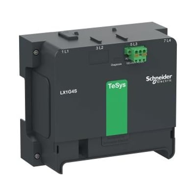 Schneider Electric kontrolmodul LX1G4S til 4-polet TeSys Giga 400-500A, 48-130V AC/DC, set fra siden med tydelig mærkning og grøn farveaccent.