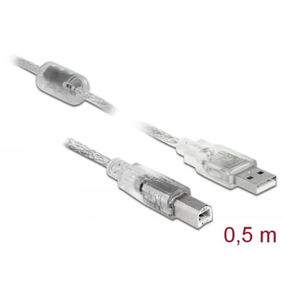 DeLock USB 2.0 kabel med type-A og type-B stik, 0,5 meter langt og transparent.