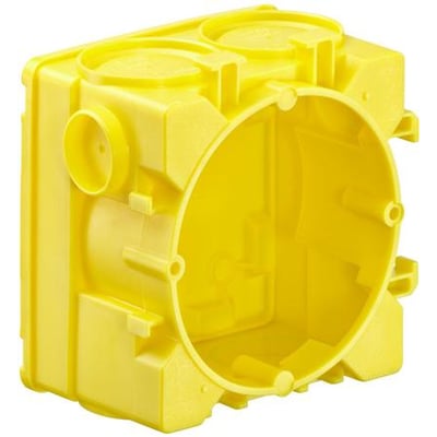 Kaiser beton dåse B2, H:48.5mm, åben, gul. Visuelt viser den den udvendige form og monteringsmuligheder.