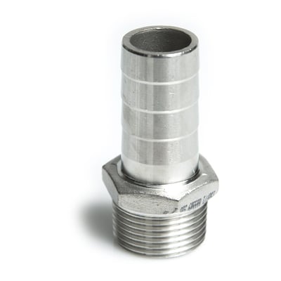 Slangestuds i rustfrit stål med 6-kant, 3/4" BSPT gevind og 20,5mm slangetilslutning, godkendt til 20 bar.