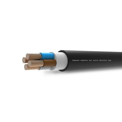 Installationskabel Blackflex B2ca, 4x185, med afisolerede kobberledere og farvekodede isoleringer, vist på hvid baggrund.