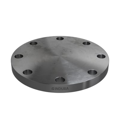 Indura blindflange 5 tommer, ANSI B16.5 150 lbs RF, med synligt logo på siden og monteringshuller.