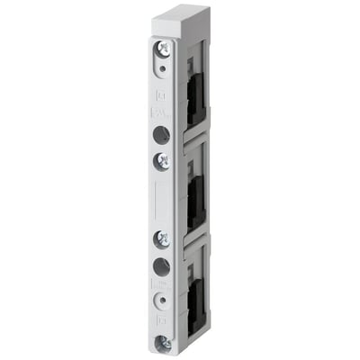 Siemens 3-polet samleskinne 8US1 til 60mm system, lavet af grå plast med monteringsskruer og UL-certificering.