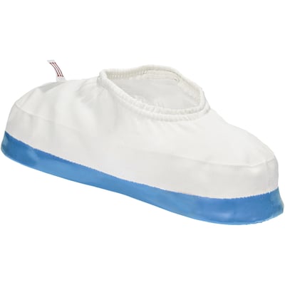 OS Overtrækssko i hvid polyester med en blå PVC-sål, str. 36-38, med elastik ved åbningen for god pasform.