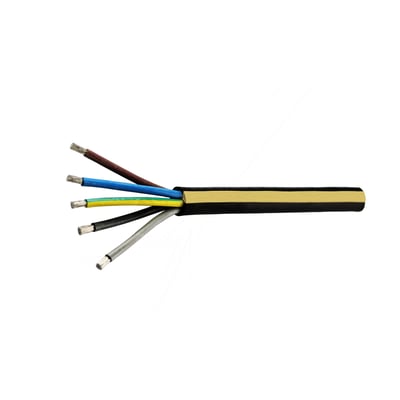 Sort Alukaflex 5G35 gummikabel med 5 isolerede aluminiumsledere i forskellige farver (brun, blå, gul/grøn, sort, grå) på hvid baggrund.