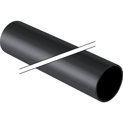 Geberit PEH afløbsrør, 40 mm i diameter og 5 meter langt, vist i sort PEH-materiale med et markeret snit på røret for demonstration.