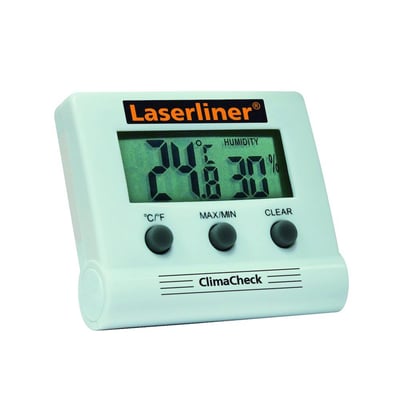 Laserliner ClimaHome Check digitalt hygrometer i hvid plast, viser temperatur og fugtighed med tydelige tal og symboler.