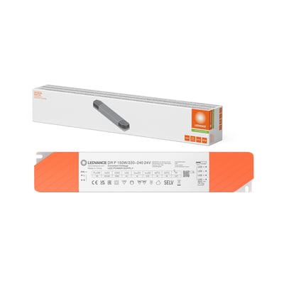 Ledvance LED-driver Performance 150 W, 24 V, vist sammen med den lange hvide og orange emballage.